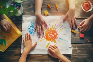 A group of children engaging in creative play with colorful handprints, symbolizing joyful...