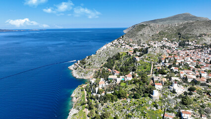 Aerial drone photo of beautiful nature at spring in island of Hydra, Saronic gulf, Greece