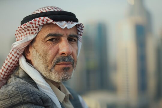 Arab man in traditional keffiyeh and business suit with a serious expression and urban backdrop
