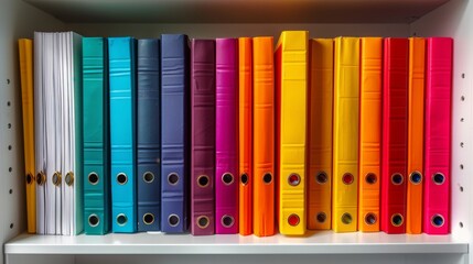 Colorful ring binders on white shelves, office supplies