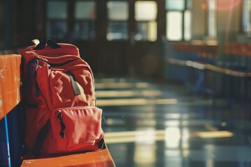 A lone red backpack rests on a bench, bathed in the morning light, symbolizing the beginning of a school day in an empty educational institution