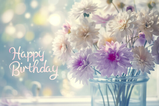 delightful photograph capturing the sentiment of "Happy Birthday" on a postcard, with soft, blurred flowers in the background, creating a serene and celebratory atmosphere for the