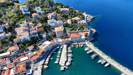 Aerial drone photo of picturesque and historic main village of Hydra or Ydra island well know for captain's mansions and marine tradition, Saronic gulf, Greece - obrazy, fototapety, plakaty