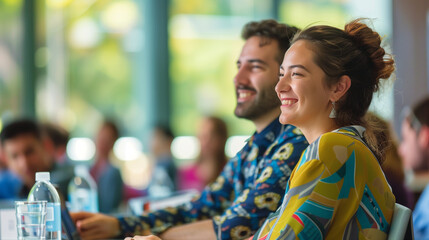 portrait of a woman at a conference, meet up, meeting