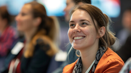 portrait of a woman at a conference, meet up, meeting