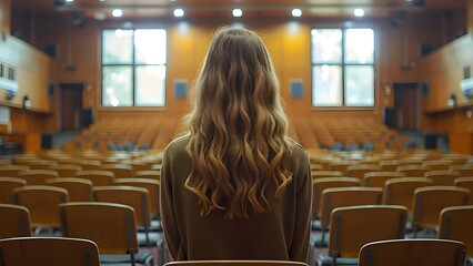 Woman in lecture hall surrounded by chairs listening attentively to speaker. Concept Academic Learning, Listening Skills, Education Environment, Lecture Setting, Student Engagement - obrazy, fototapety, plakaty