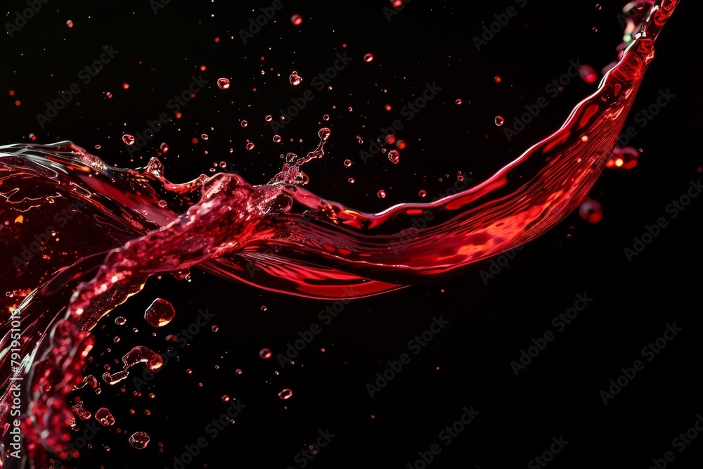 Poster a vibrant image capturing a high-speed splash of red liquid with droplets suspended against a dark b