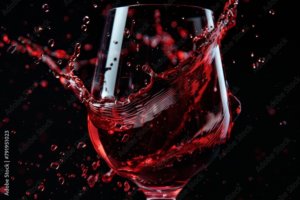 Poster a dynamic image of a glass with red liquid splashing out, suspended droplets against a stark black b