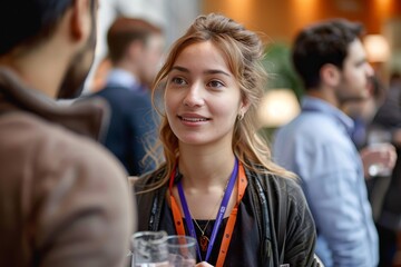 Attentive young woman with a badge listening carefully in a networking atmosphere
