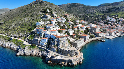 Aerial drone photo of picturesque and historic main village of Hydra or Ydra island well know for captain's mansions and marine tradition, Saronic gulf, Greece - obrazy, fototapety, plakaty