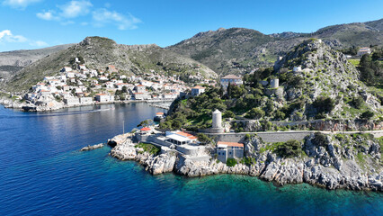 Aerial drone photo of famous small seaside swimming area of Hydroneta next to main village of Hydra...