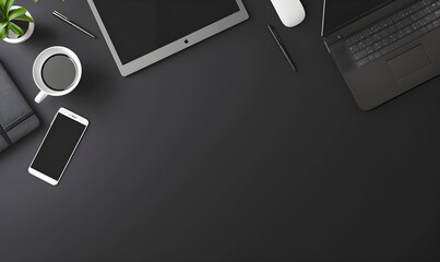 Top view of a black desktop with a laptop, pen and cup of coffee. Free space for text. Business breakfast concept. Planning.