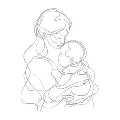 Fototapeta na wymiar One continuous line drawing of mother holding baby black color only