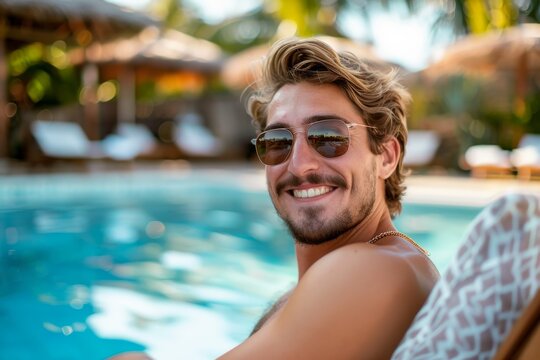 A happy young man with sunglasses reclines near a shimmering swimming pool - Powered by Adobe