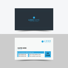 Double sided smart business card design, Landscape, Vector illustration, Modern blue and black, creative shape business card. business card for business and personal use. print. round type, QR code