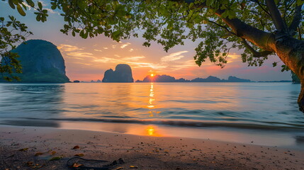 Amazingly colorful sea beach sunset with reflective red sand and bright clouds
