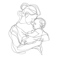 One continuous line drawing of mother holding baby black color only