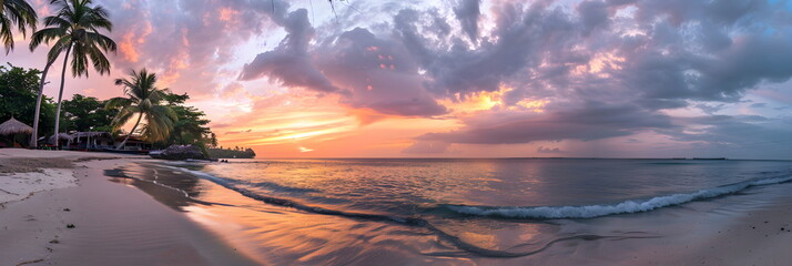 Amazingly colorful sea beach sunset with reflective red sand and bright clouds