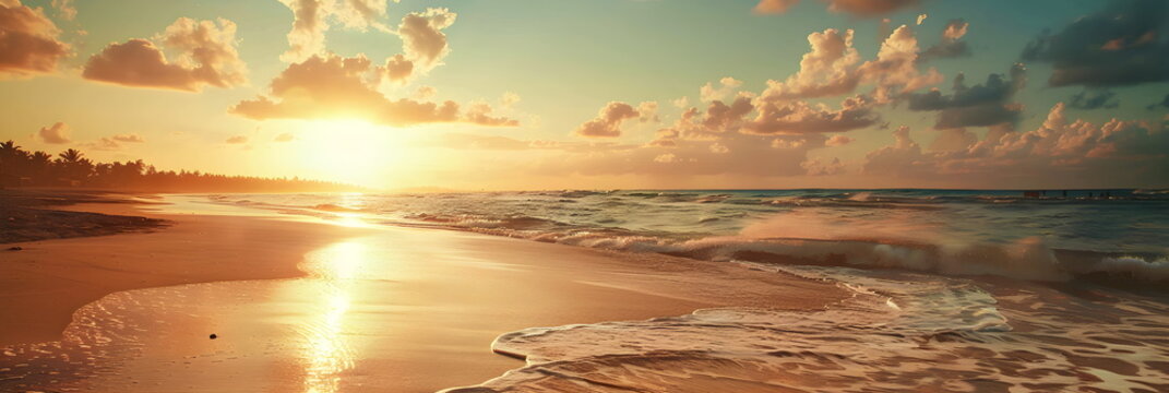 Amazingly colorful sea beach sunset with reflective red sand and bright clouds