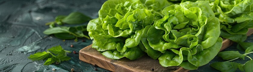 Fresh green lettuce leaves on a cutting board, surrounded by herbs