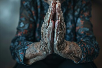 Detailed image captures the deep lines and wrinkles of an older person's folded hands, evoking a narrative of life lived
