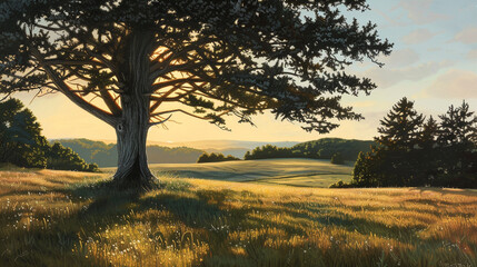 Fototapeta na wymiar A serene landscape featuring an Eastern Red Cedar tree silhouetted against the golden hues of a setting sun, casting long shadows across the lush meadow below,