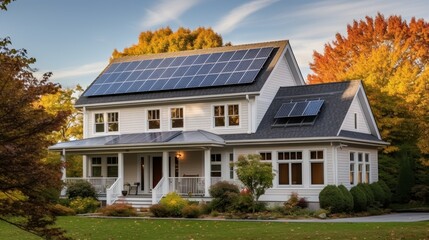 Naklejka premium Panel solar energy photovoltaic power roof sun home cell system green house eco industry. Solar energy building panel future electric engineer technology