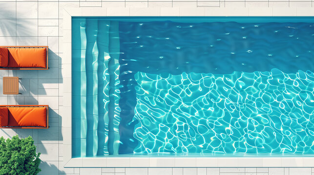 beautiful and desirable relaxing place by the pool with sunbeds and clear clear blue water, view from above