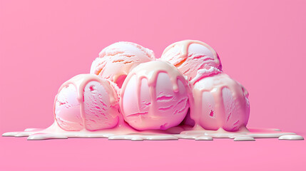 several pink scoops of ice cream covered with syrup spreading on a pink background, a hot weather treat