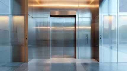 A metal elevator with closed doors in an office building.
