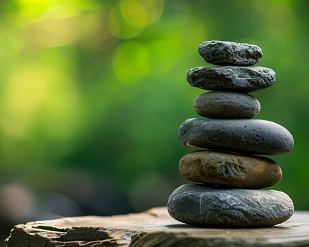 A stack of smooth, round stones balanced on a flat surface against a blurred background of green leaves.