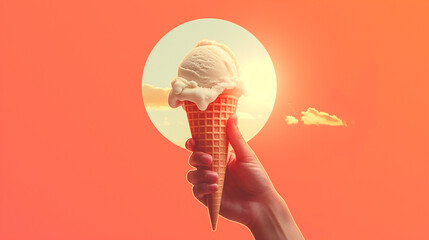 a scoop of ice cream in a waffle cone cup held by a hand against the background of a burning sun and one cloud on an orange background emphasizing the heat and the desire to refresh with ice cream