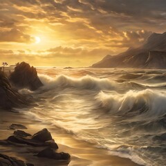 Magical sunset over the coast: waves lapping the golden sand, creating a spectacular atmosphere of natural beauty