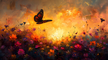 Sunset Reverie: Oil Painting of Lone Butterfly and Silhouetted Flowers