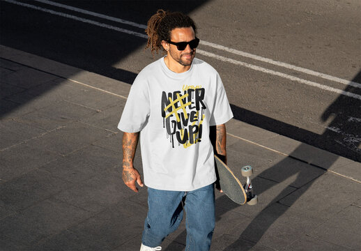 Mockup of skater wearing customizable t-shirt with skateboard