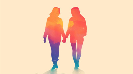 multi-colored silhouettes of two women holding hands and walking together, on a light beige background