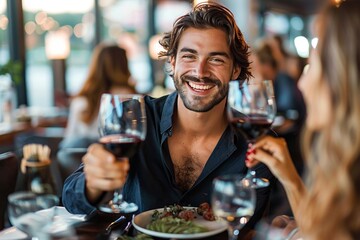 A cheerful, handsome man toasts with a glass of red wine across the table from someone at a restaurant