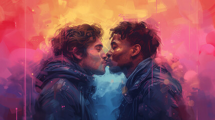 stylish color illustration of two men kissing each other with a kiss on the lips, love without limits and LGBT support