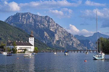 Castle Schloss Ort Orth on lake Traunsee in Gmunden landascape - 791954802