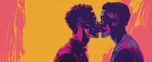 stylish color illustration of two men kissing each other on the lips, love without limits and LGBT support on a wide format banner