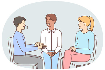 Fototapeta premium Smiling people sit in circle talking