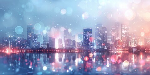 Dreamlike cityscape with twinkling lights and bokeh over a reflective surface