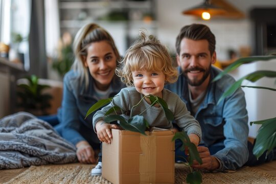 Close-knit young family posing with their toddler, who is holding a plant, in a warm home environment