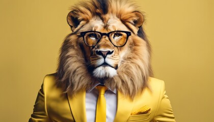 Stylish lion in suit with glasses on yellow background