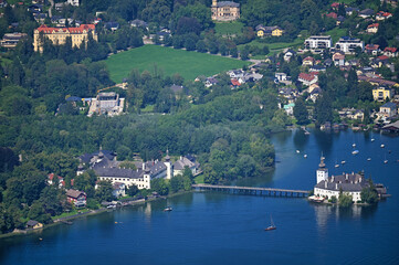 Panoramic view of medieval water castle Schloss Ort Orth on lake Traunsee in Gmunden Austria