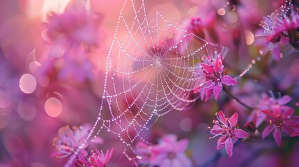 Close-up of dew on a spider web among early morning flowers