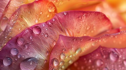 Macro shot of dew-kissed rose petals, showcasing delicate veins and rich color gradations