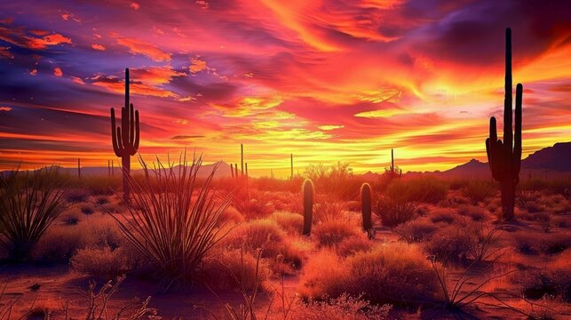 Expansive desert landscape under a vibrant sunset sky, cactus silhouettes adding to the serene mood