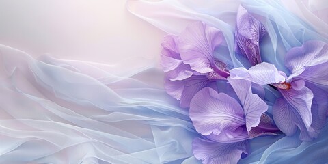 Violet iris flowers on a wavy pale blue and pink silk fabric background with copy space