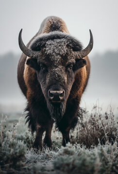 An imposing bison stands enveloped in the frosty haze of dawn, its breath visible in the chilly air, creating an ethereal ambiance in a misty, open field.